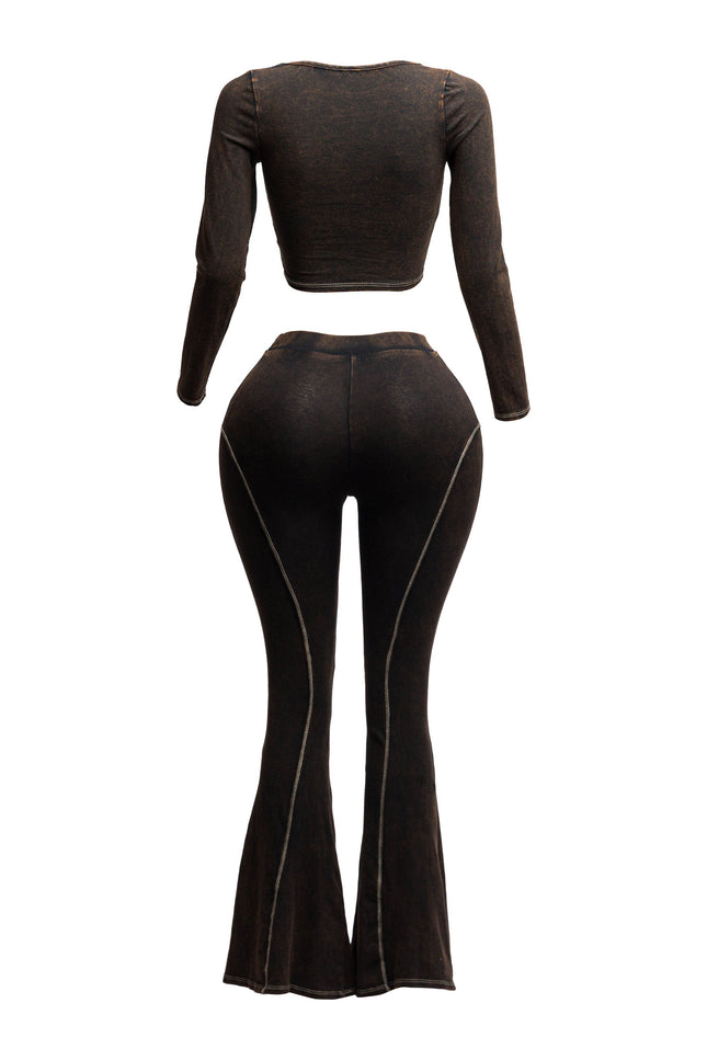 Mineral washed long sleeve crop top & bell bottom pants set - Muvin 