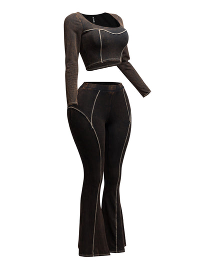 Mineral washed long sleeve crop top & bell bottom pants set - Muvin 