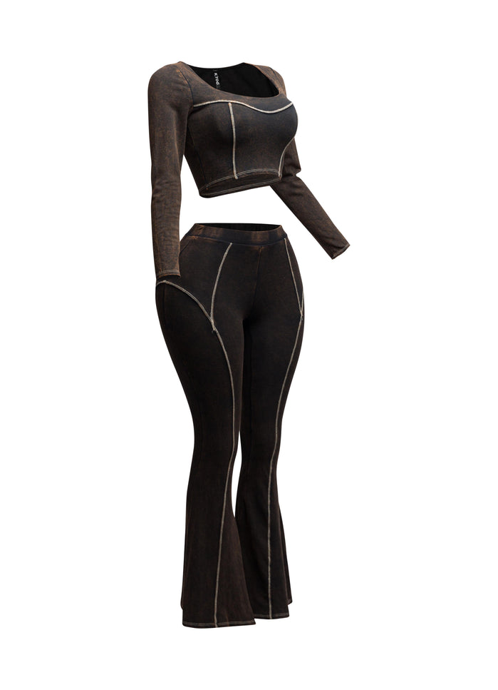 Mineral washed long sleeve crop top & bell bottom pants set - Muvin 