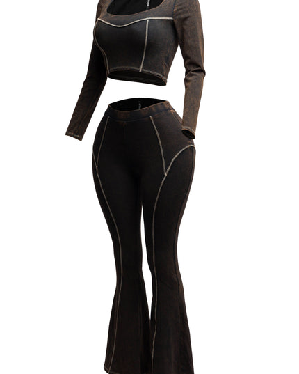 Mineral washed long sleeve crop top & bell bottom pants set - Muvin 
