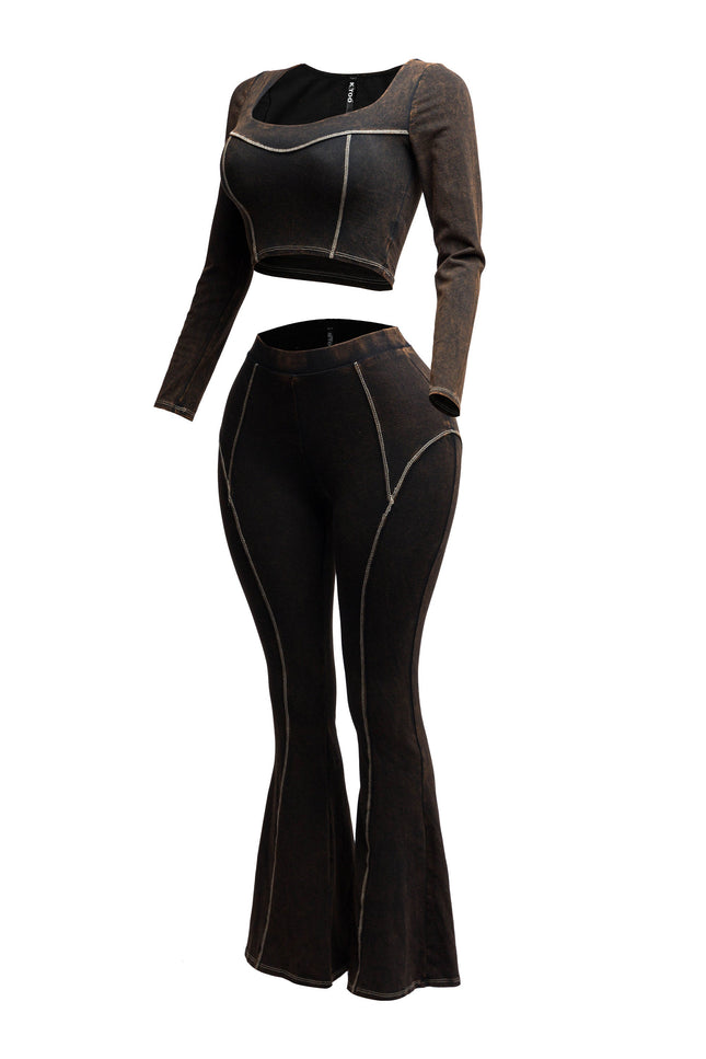 Mineral washed long sleeve crop top & bell bottom pants set - Muvin 