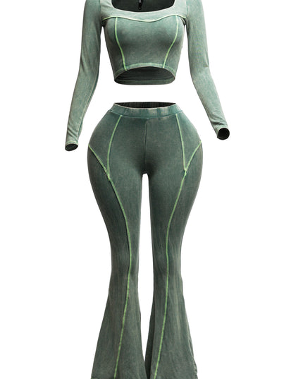 Mineral washed long sleeve crop top & bell bottom pants set - Muvin 