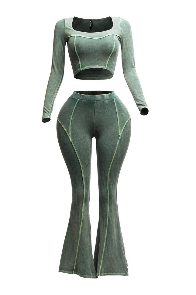Mineral washed long sleeve crop top & bell bottom pants set - Muvin 