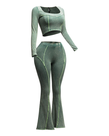 Mineral washed long sleeve crop top & bell bottom pants set - Muvin 
