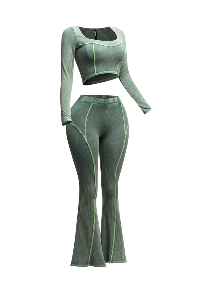 Mineral washed long sleeve crop top & bell bottom pants set - Muvin 