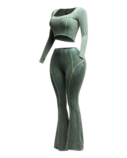Mineral washed long sleeve crop top & bell bottom pants set - Muvin 