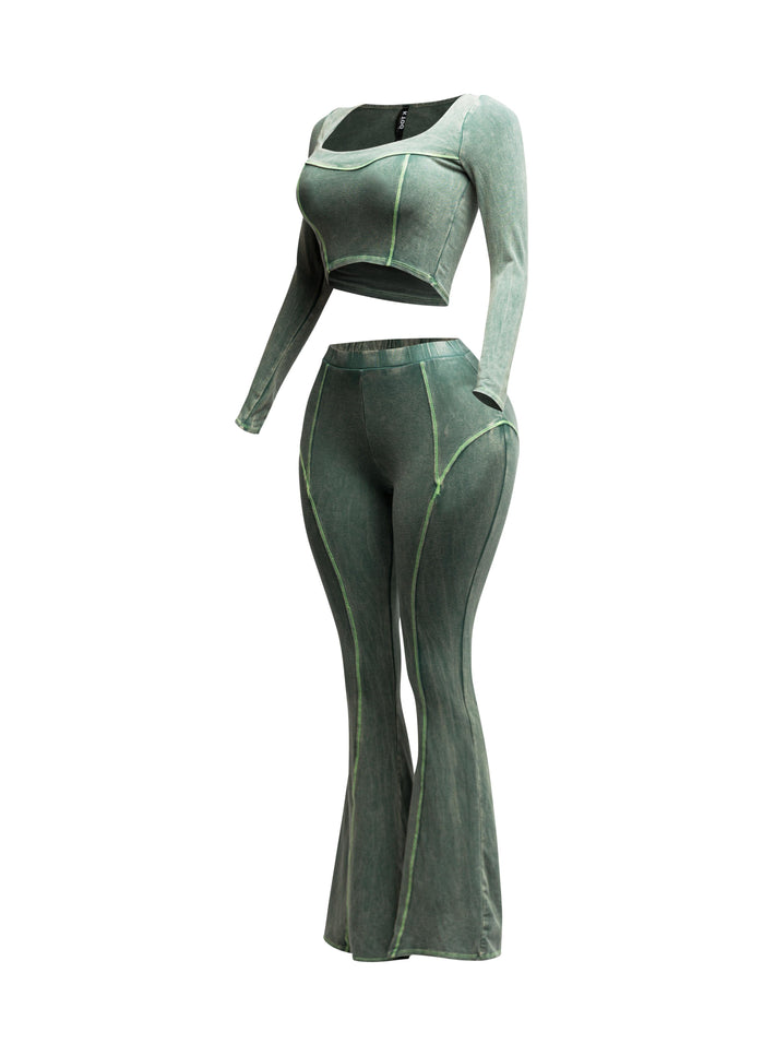Mineral washed long sleeve crop top & bell bottom pants set - Muvin 