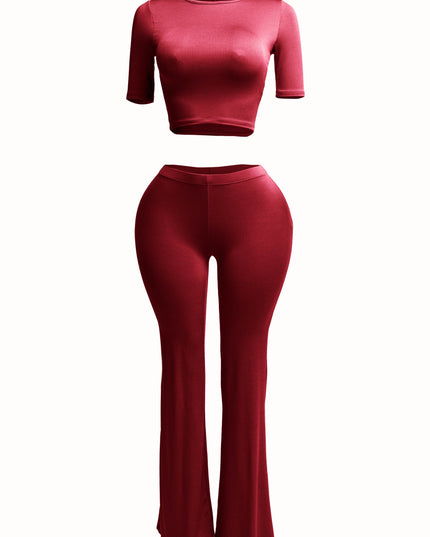 Short sleeve crop top & flare pants set - Muvin 