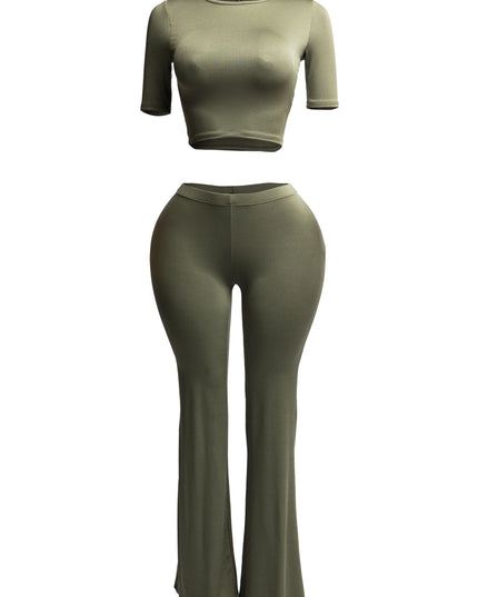 Short sleeve crop top & flare pants set - Muvin 