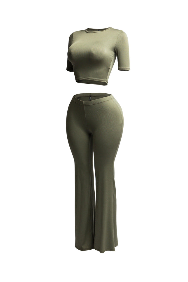 Short sleeve crop top & flare pants set - Muvin 