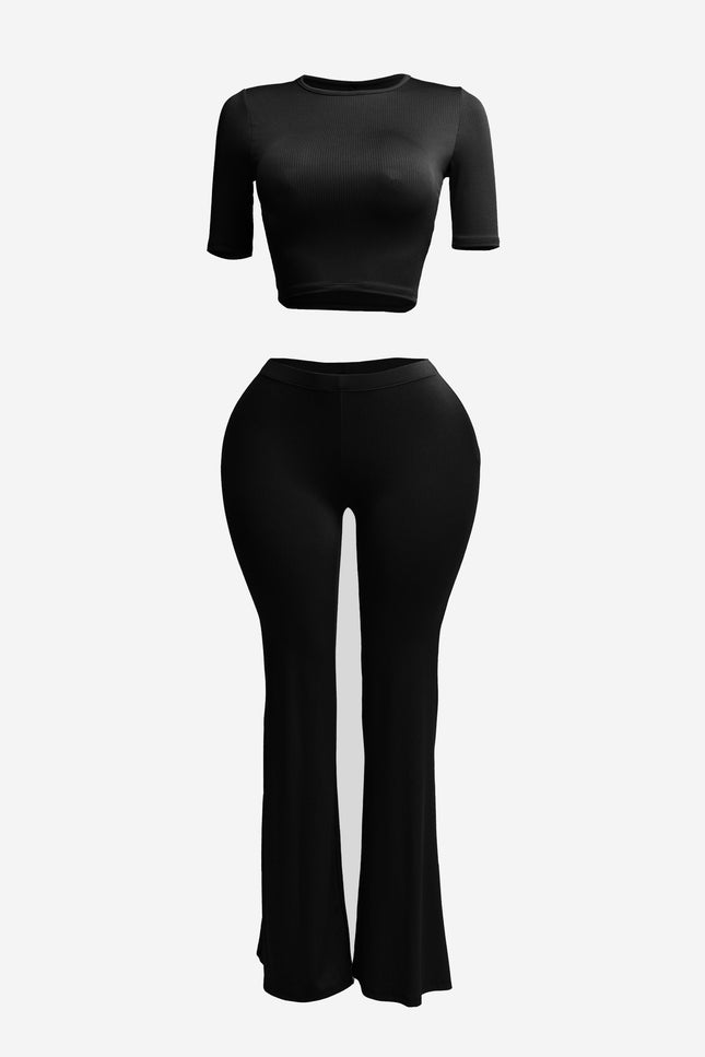 Short sleeve crop top & flare pants set - Muvin 