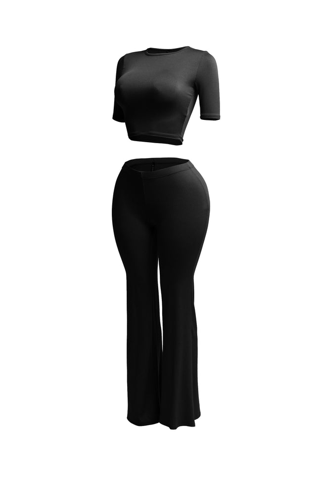 Short sleeve crop top & flare pants set - Muvin 