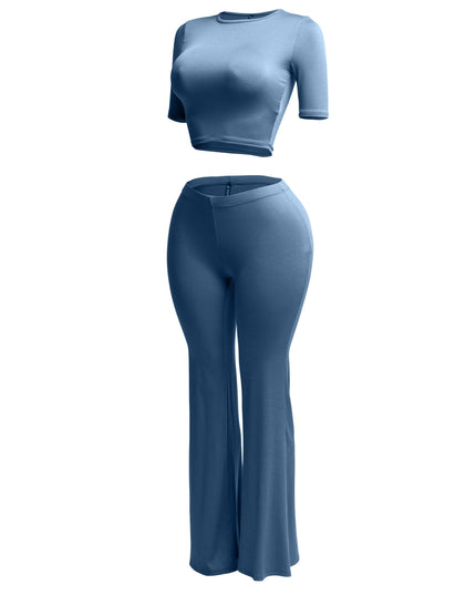 Short sleeve crop top & flare pants set - Muvin 