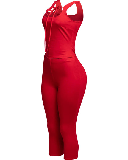 Eye-catching red tank top with tie-front detail and matching capri pants, designed for comfort and style in one.