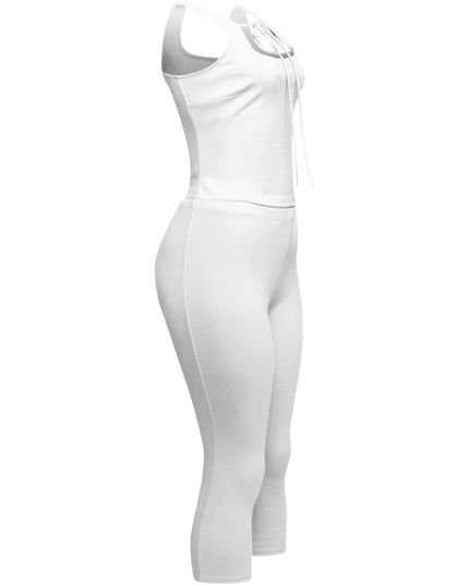 Minimalist white two-piece set featuring a tie-front tank top and fitted capri pants, perfect for a clean and modern look.