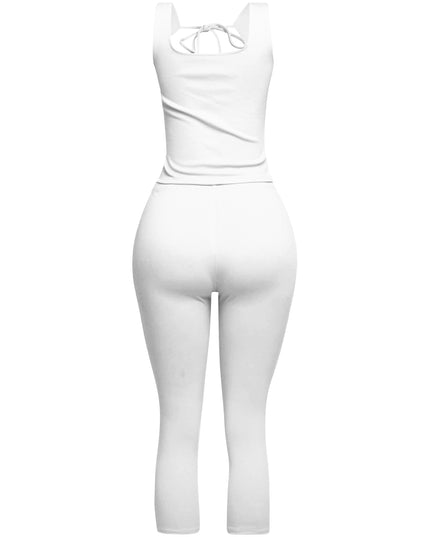 Trendy white tie-front crop tank and capri pant set, delivering a fresh and versatile ensemble for day-to-night wear.