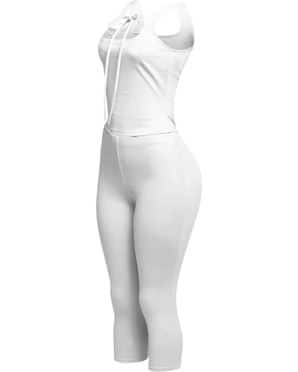 Sophisticated white tank top with delicate tie-front detail and matching capri pants, ideal for creating a polished yet casual vibe.