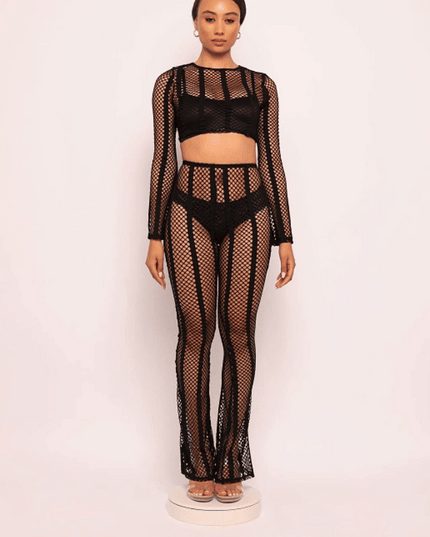 Strip fish net long sleeve pants set - Muvin 