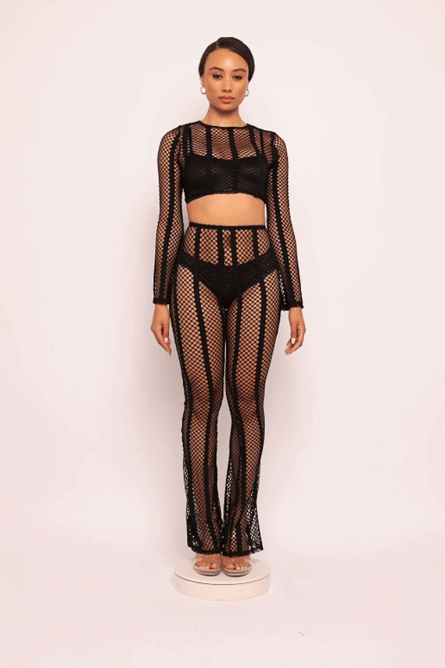 Strip fish net long sleeve pants set - Muvin 