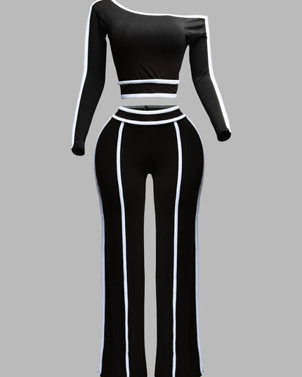 Color contrast detailed off shoulder long sleeve top with wide leg pants - Muvin 