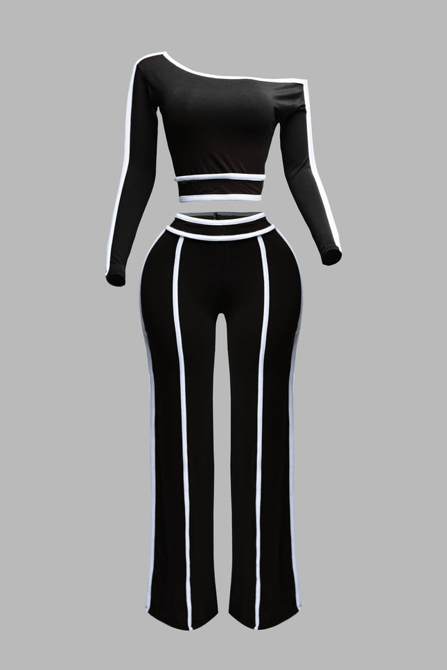 Color contrast detailed off shoulder long sleeve top with wide leg pants - Muvin 