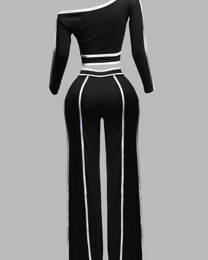 Color contrast detailed off shoulder long sleeve top with wide leg pants - Muvin 