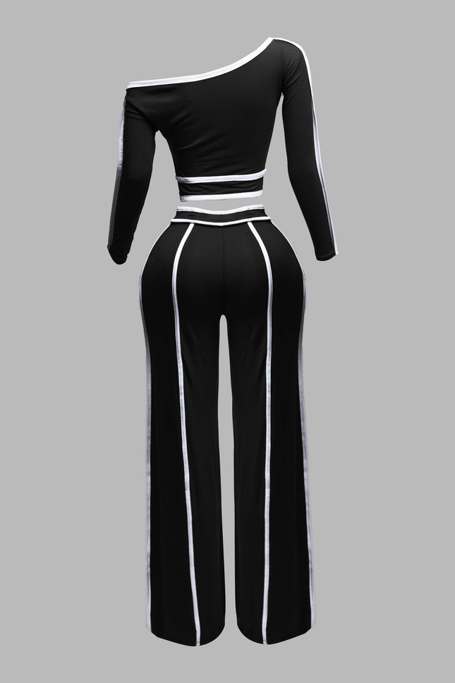 Color contrast detailed off shoulder long sleeve top with wide leg pants - Muvin 