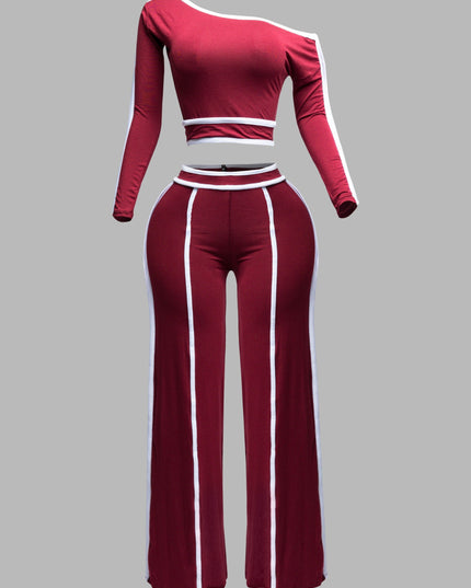 Color contrast detailed off shoulder long sleeve top with wide leg pants - Muvin 