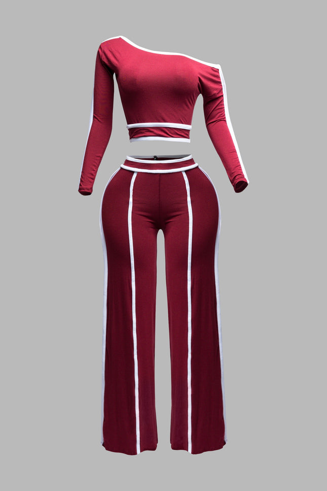 Color contrast detailed off shoulder long sleeve top with wide leg pants - Muvin 