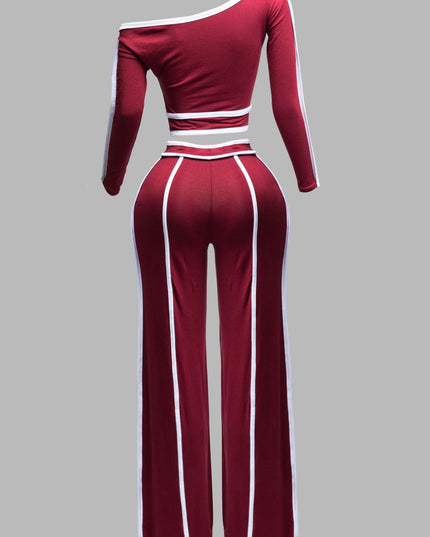Color contrast detailed off shoulder long sleeve top with wide leg pants - Muvin 