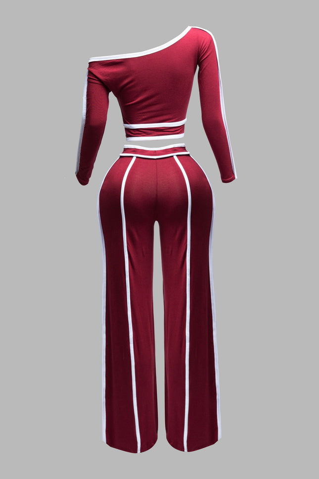 Color contrast detailed off shoulder long sleeve top with wide leg pants - Muvin 