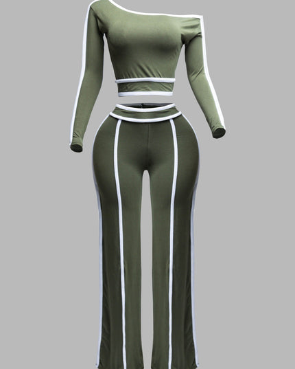Color contrast detailed off shoulder long sleeve top with wide leg pants - Muvin 