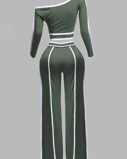 Color contrast detailed off shoulder long sleeve top with wide leg pants - Muvin 