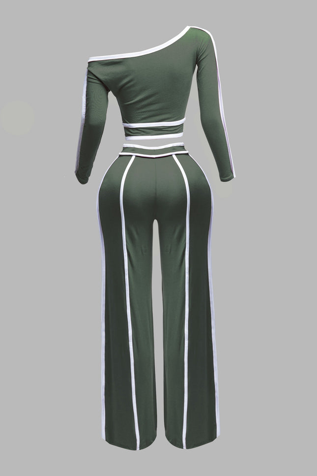 Color contrast detailed off shoulder long sleeve top with wide leg pants - Muvin 