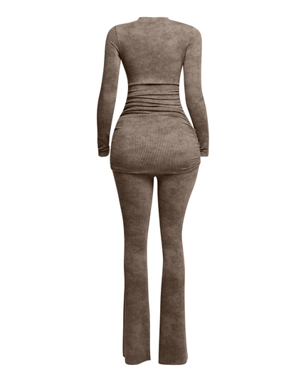 Washed rib round neck long sleeve & pants set - Muvin 