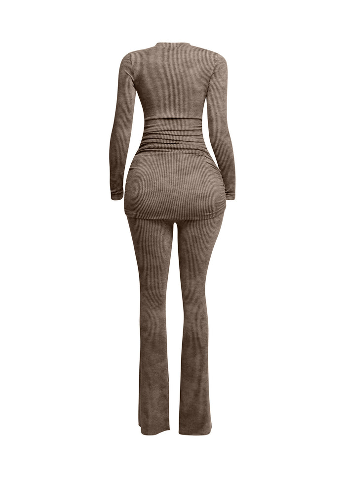 Washed rib round neck long sleeve & pants set - Muvin 