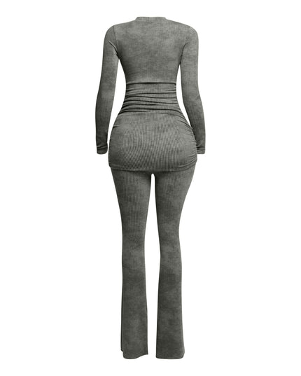 Washed rib round neck long sleeve & pants set - Muvin 