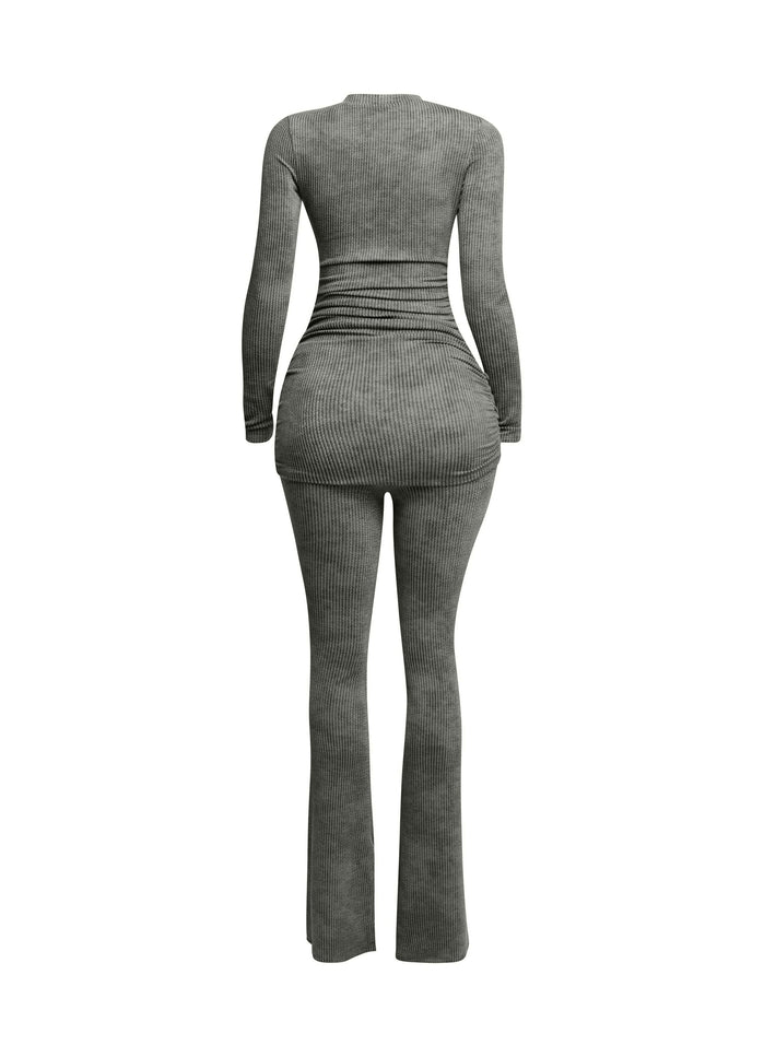 Washed rib round neck long sleeve & pants set - Muvin 
