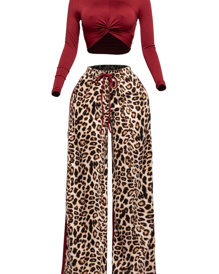 Long sleeve knoted mid top and leopard linen contrast wide leg pants set - Muvin 