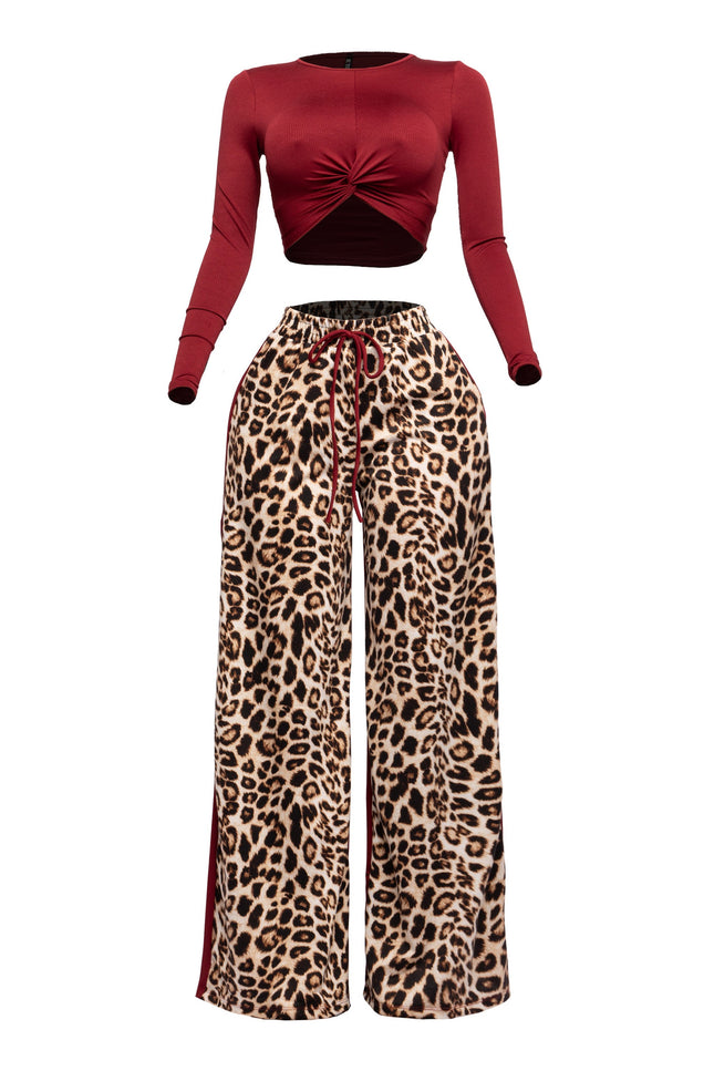 Long sleeve knoted mid top and leopard linen contrast wide leg pants set - Muvin 