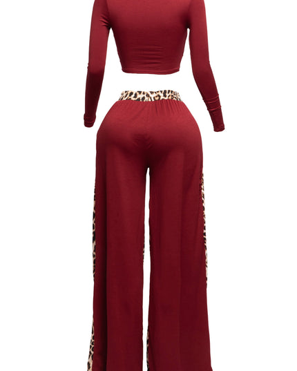 Long sleeve knoted mid top and leopard linen contrast wide leg pants set - Muvin 
