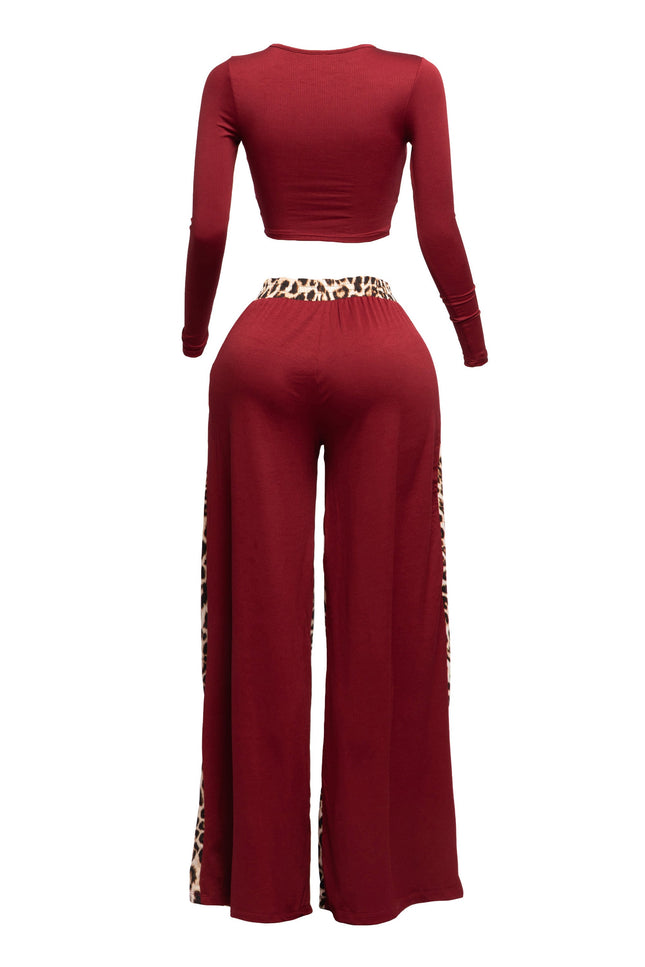 Long sleeve knoted mid top and leopard linen contrast wide leg pants set - Muvin 