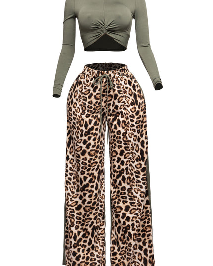 Long sleeve knoted mid top and leopard linen contrast wide leg pants set - Muvin 