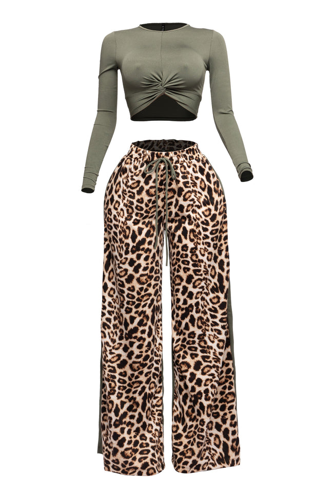 Long sleeve knoted mid top and leopard linen contrast wide leg pants set - Muvin 