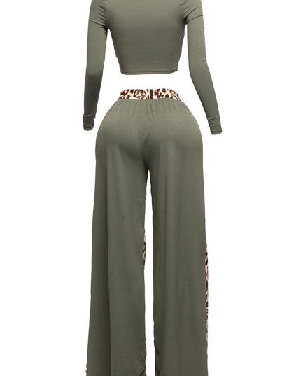 Long sleeve knoted mid top and leopard linen contrast wide leg pants set - Muvin 