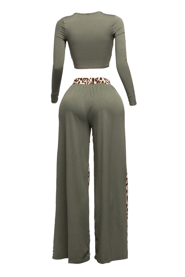 Long sleeve knoted mid top and leopard linen contrast wide leg pants set - Muvin 