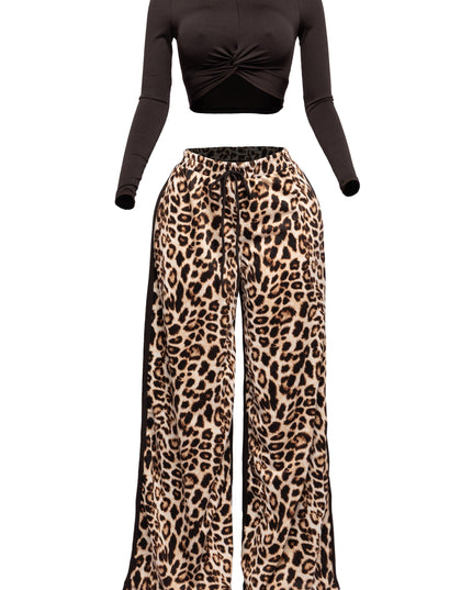 Long sleeve knoted mid top and leopard linen contrast wide leg pants set - Muvin 