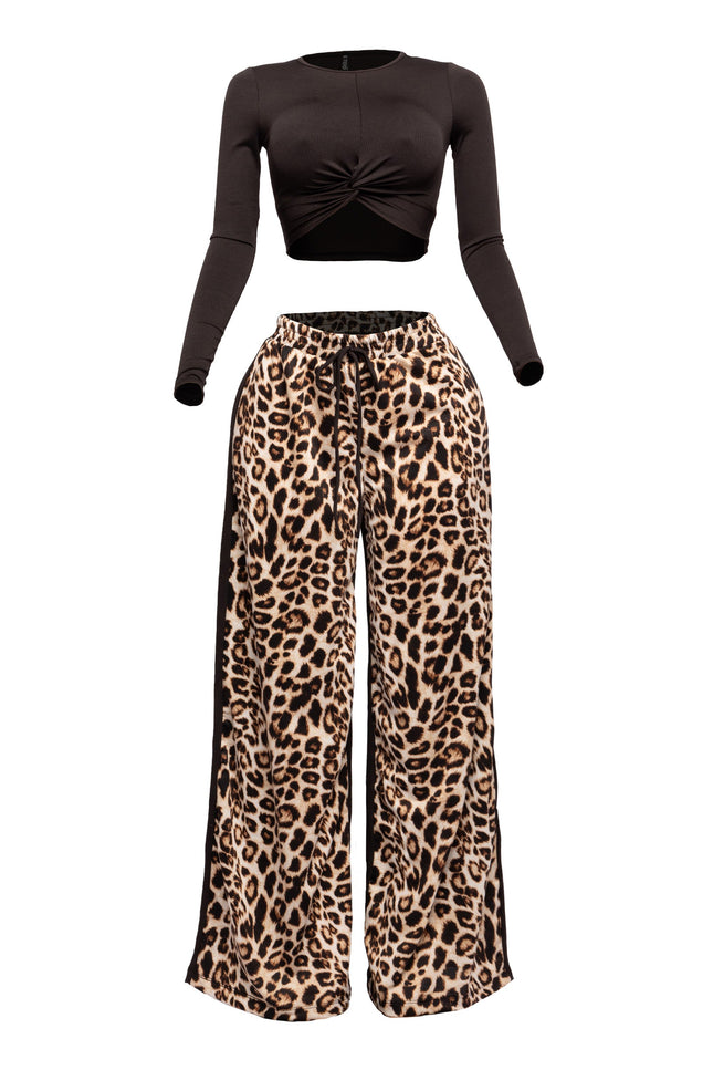 Long sleeve knoted mid top and leopard linen contrast wide leg pants set - Muvin 