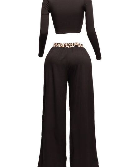 Long sleeve knoted mid top and leopard linen contrast wide leg pants set - Muvin 