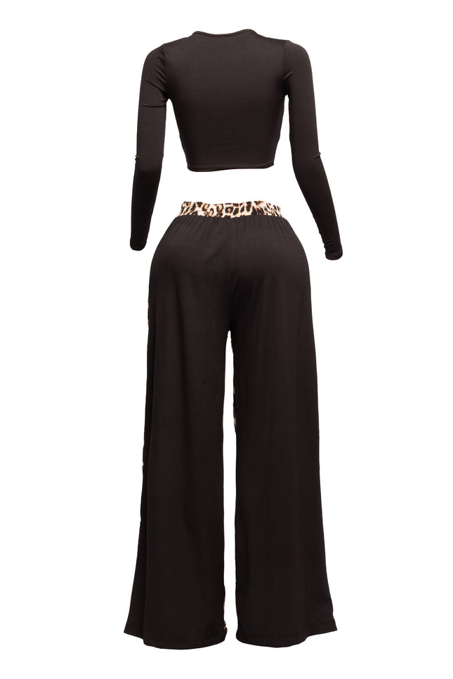 Long sleeve knoted mid top and leopard linen contrast wide leg pants set - Muvin 